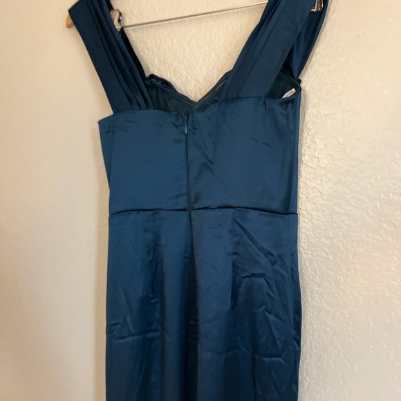 Stunning Arrival Dark Teal Satin Off-The-Shoulder Maxi Dress - Picture 4 of 6